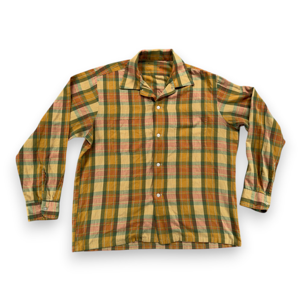 Vintage Madras Shirt Adult LARGE Yellow Green Orange Plaid Camp Collar Mod 60s